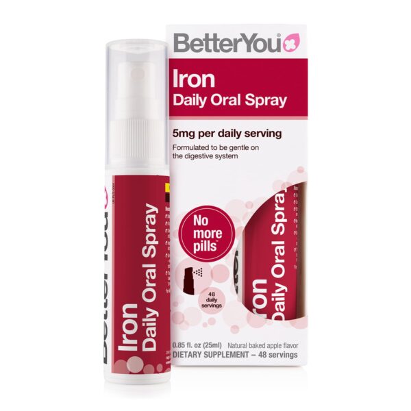 BetterYou Iron Daily Oral Spray, Pill-free Iron Supplement and Immune System Support, Delivers 5mg of Highly Absorbable Iron Per Dose, 48-day Supply, Made in the UK, Natural Baked Apple Flavour