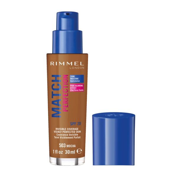 Rimmel Match Perfection Foundation 503 Mocha, Medium Coverage, 24hr Hydration, No Caking or Creasing, Lightweight, Reduces Imperfections, Invisible Coverage, SPF20, Cruelty Free