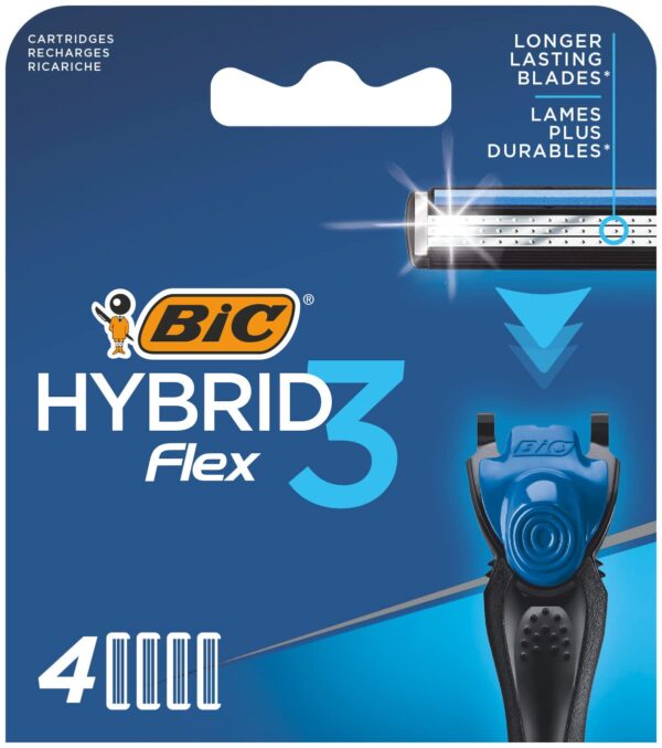 BIC Hybrid 3 Flex Men's Razor Refills with 3 Nano-Tech Titanium Moveable Blades - Box of 4 Cartridges