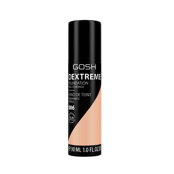 GOSH Dextreme Full Coverage Foundation 30ml I liquid, moisturising make-up for a flawless complexion I vegan face make-up with high coverage I cover pimples and dark circles I 006 Honey