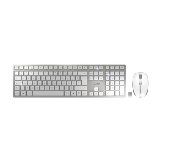 CHERRY DW 9100 SLIM, Wireless Desktop Set, Belgian Layout (AZERTY), Bluetooth & 2.4 GHz RF, Quiet Keys, Rechargeable, Silver/White