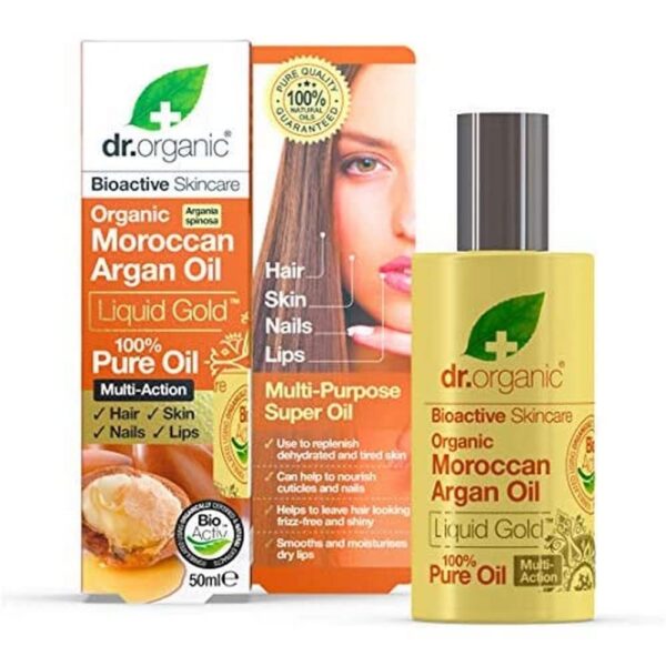 Dr Organic Moroccan Argan Oil 100% Pure Oil, Replenishing, For Hair, Skin & Nails, Mens, Womens, Natural, Vegan, Cruelty-Free, Paraben & SLS-Free, Organic, 50ml, Packaging may vary