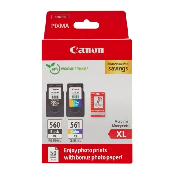 Canon Ink & Paper Multipack - PG-560XL/CL-561XL Genuine Printer Ink Cartridges 2 Pack (1 x Black XL, 1 x Colour XL) & 4x6 Photo Paper (50 x Sheets) - Compatible with PIXMA TS series