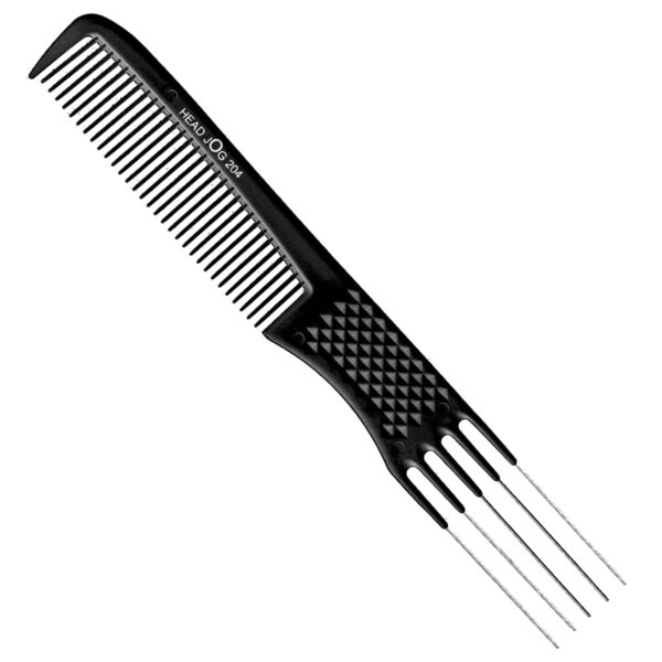 Head Jog 204 Black Metal 4 Pin Tail Comb. Lift Teasing Comb. Heat Resistant Barber and Salon Comb with Sectioning Tool. Fine Tooth Brush For Styling, Back Combing, Sectioning & Highlighting.