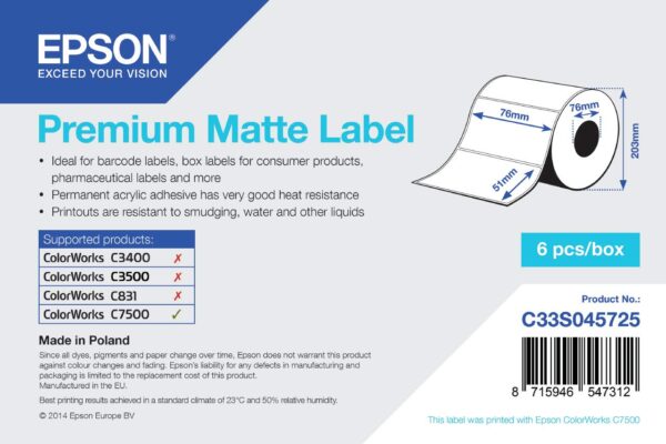 Epson C33S045725 PREMIUM MATTE DIE-CUT 76MMX51MM 2310 LBLS - (POS & Barcode Solutions > Barcode & Label Devices)