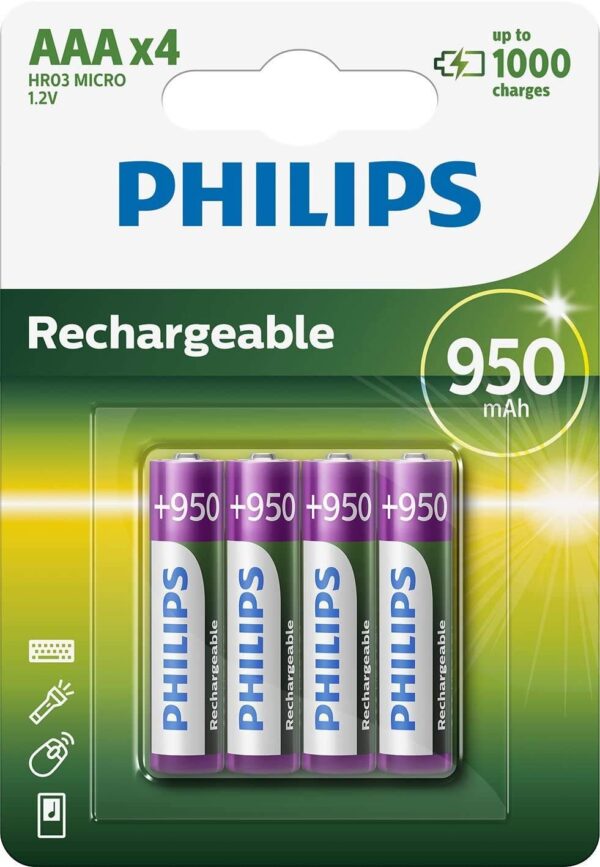 Philips R03B4A95/10 Rechargeable Batteries AAA 950 mAh 1.2 V Pack of 4 in Blister Packaging