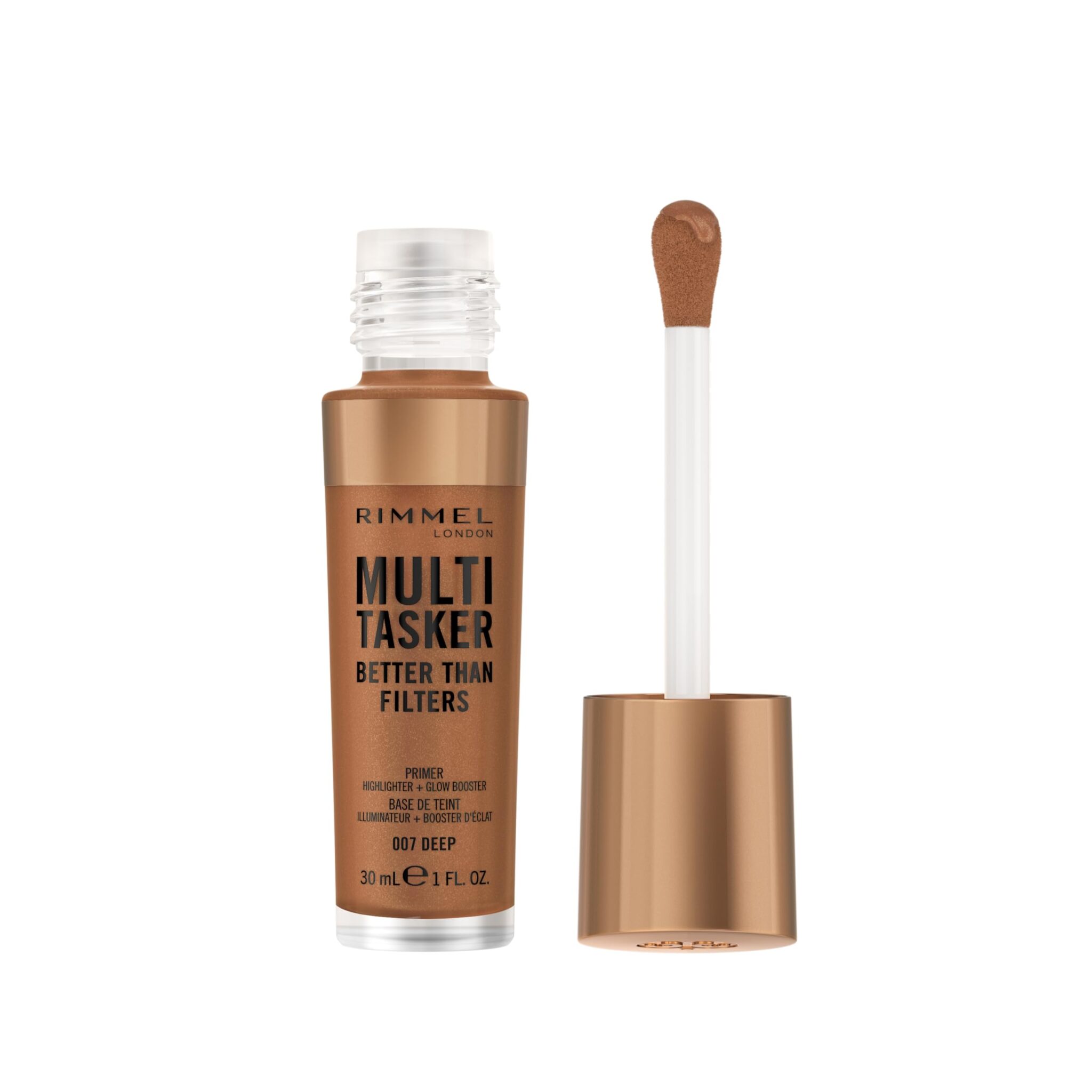 Rimmel Multi Tasker Better Than Filters, 3 in 1 skin primer, glow booster, and highlighter for a natural smooth glow, Infused with Vitamins C, Vegan & Cruelty-Free, 007 deep