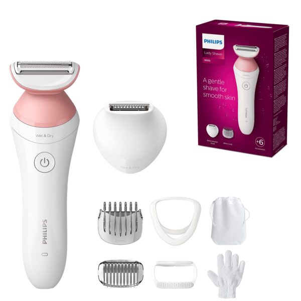 PHILIPS Lady Shaver Series 6000 Wireless Razor with 6 Accessories Body Exfoliating Glove Bikini Zone Trimmer (Model BRL146/00), White/Pink