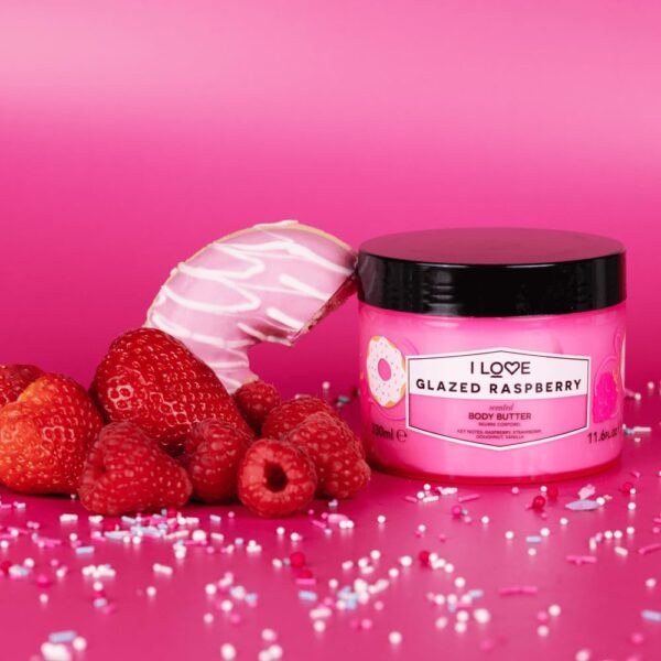 I Love Glazed Raspberry Scented Body Butter, Packed With Shea Butter & Coconut Oil to Regenerate & Nourish the Skin, 85% Naturally Derived Ingredients, VeganFriendly 330ml