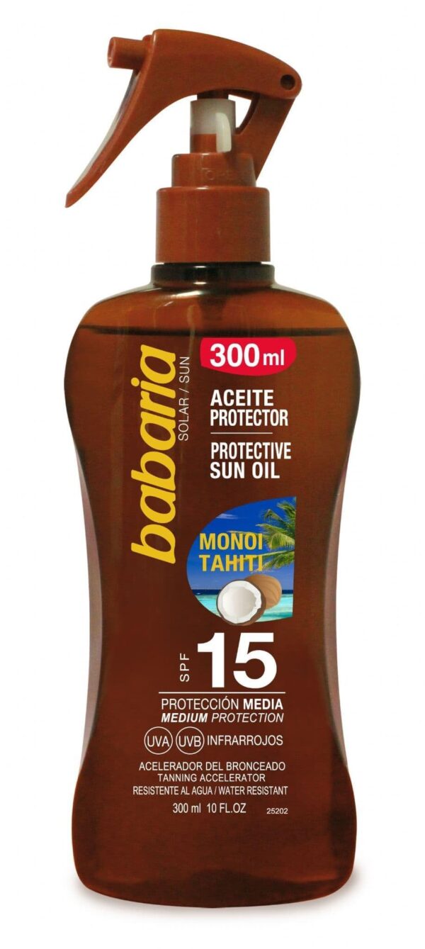 BABARIA Protective Sun Oil with Tahitian Monoi Oil, Tanning Accelerator SPF 15 – 300ml