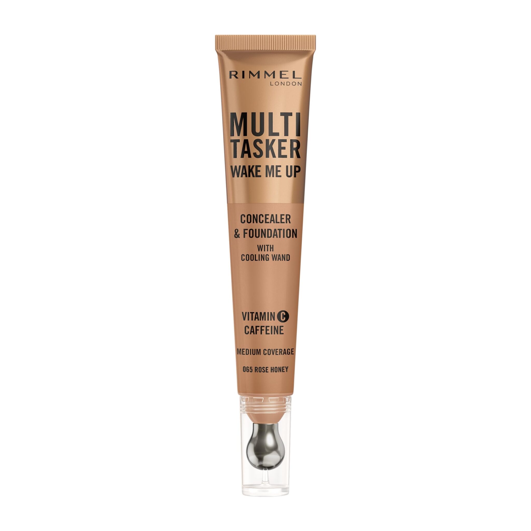 Rimmel Multi-Tasker Wake Me Up Foundation & Concealer 065 Rose Honey, Depuffs & Brightens Dark Circles, Metallic Cooling Applicator, Caffeine & Victamin C, 2% Niacinamide, Vegan, Cruelty free