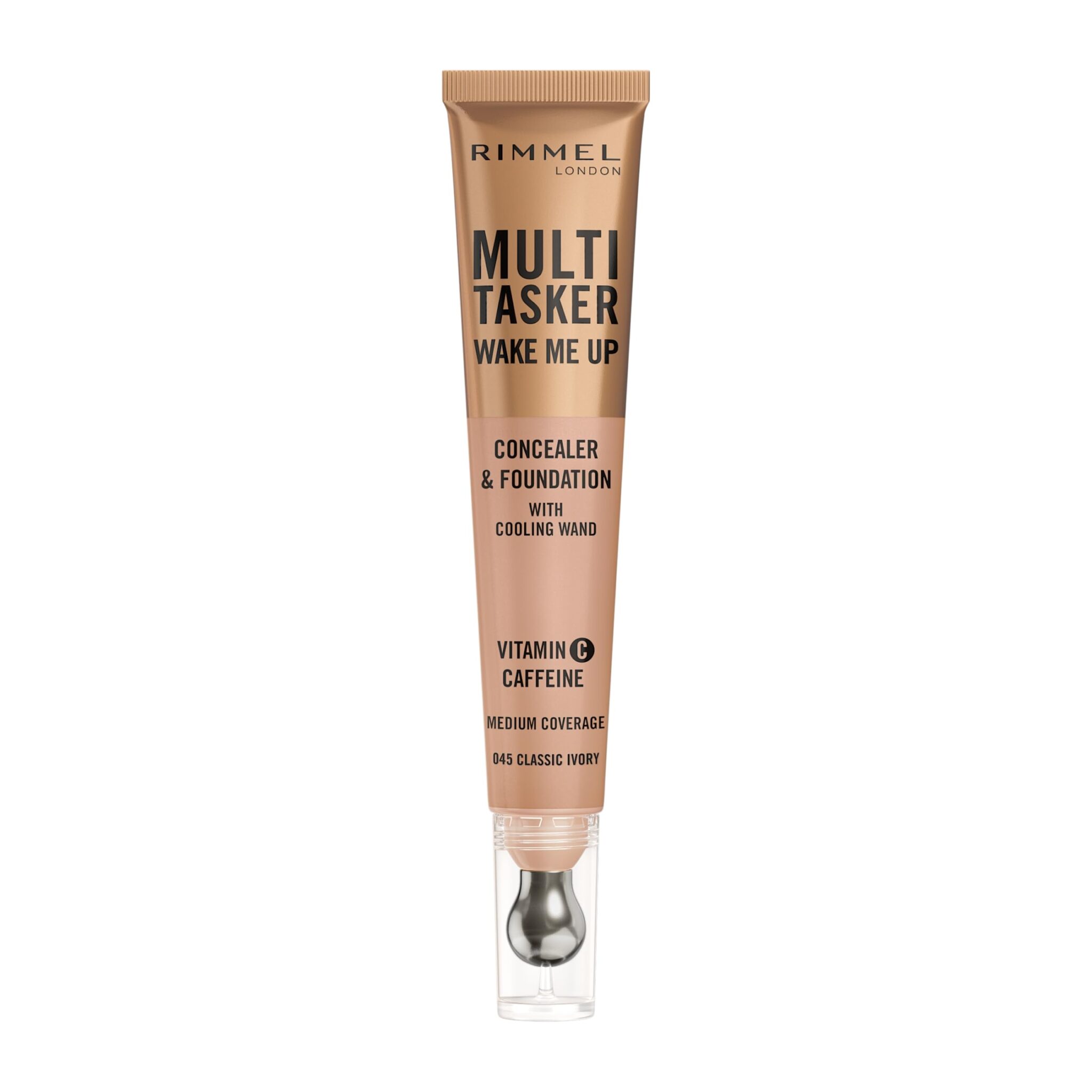 Rimmel Multi-Tasker Wake Me Up Foundation & Concealer 045 Classic Ivory, Depuffs & Brightens Dark Circles, Metallic Cooling Applicator, Caffeine & Victamin C, 2% Niacinamide, Vegan, Cruelty free