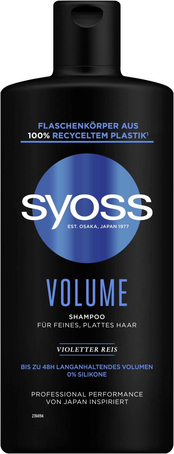 Syoss Shampoo Volume (440 ml), for Fine & Flat Hair, Silicone-Free Shampoo for up to 48 Hours of Volume without Weight, Vegan Formula with Purple Rice