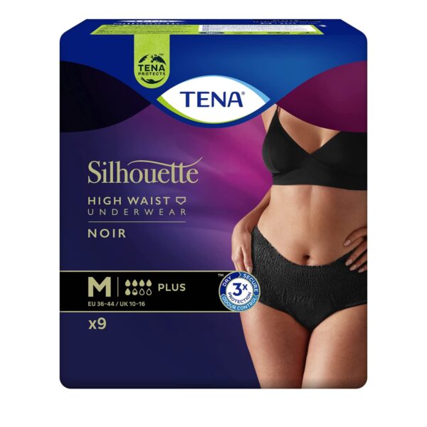 TENA Silhouette Plus Noir x9 - Underwear for Incontinence and Abundant Urine Loss - Comfortable and Breathable Design - 9 Disposable Panties - Black