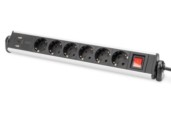 DIGITUS Office Power Strip - 6X Socket with Contact Protection - 2X USB-A, 1x USB-C - Safety Switch - 3680W Output Power - Desktop Mount - 1.5m Cable - Black/Silver