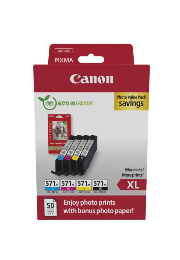 Canon CLI-571 XL C M Y BK Pack of 4 cartridges (Black XL Cyan XL Magenta XL Yellow XL) Genuine (Recycled Cardboard Multipack)