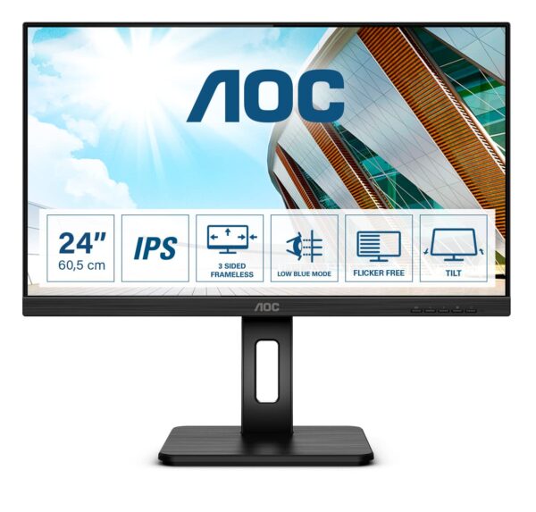 AOC 24P2Q - 24 Inch FHD Monitor, 75Hz, 4ms, IPS, Height Adjust, USB Hub, Speakers (1920x1080 @ 75Hz, 250cd/m², HDMI//DP/VGA/DVI/ USB 3.2)