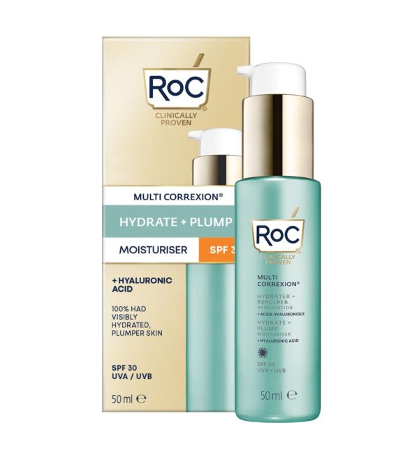 RoC - Multi Correxion Hydrate + Plump Moisturiser SPF30 - Anti-Wrinkle Treatment - UVA/UVB Protection - Reduces Linse & Wrinkles - Daily Sunscreen Moisturiser - Hyaluronic Acid - 50 ml