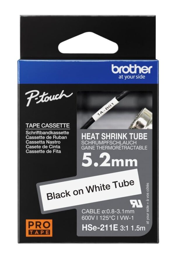 Brother Genuine Pro Tape HSe-211E Heat Shrink Tubing - Black on White, 5.2mm Wide, 1.5m Long