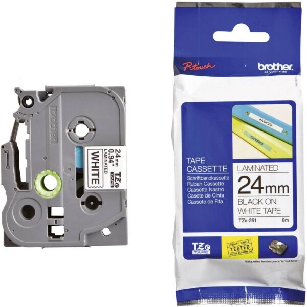 Brother TZe-251 Labelling Tape Cassette, 24 mm (W) x 8 m (L), Laminated, Brother Genuine Supplies - Black on White