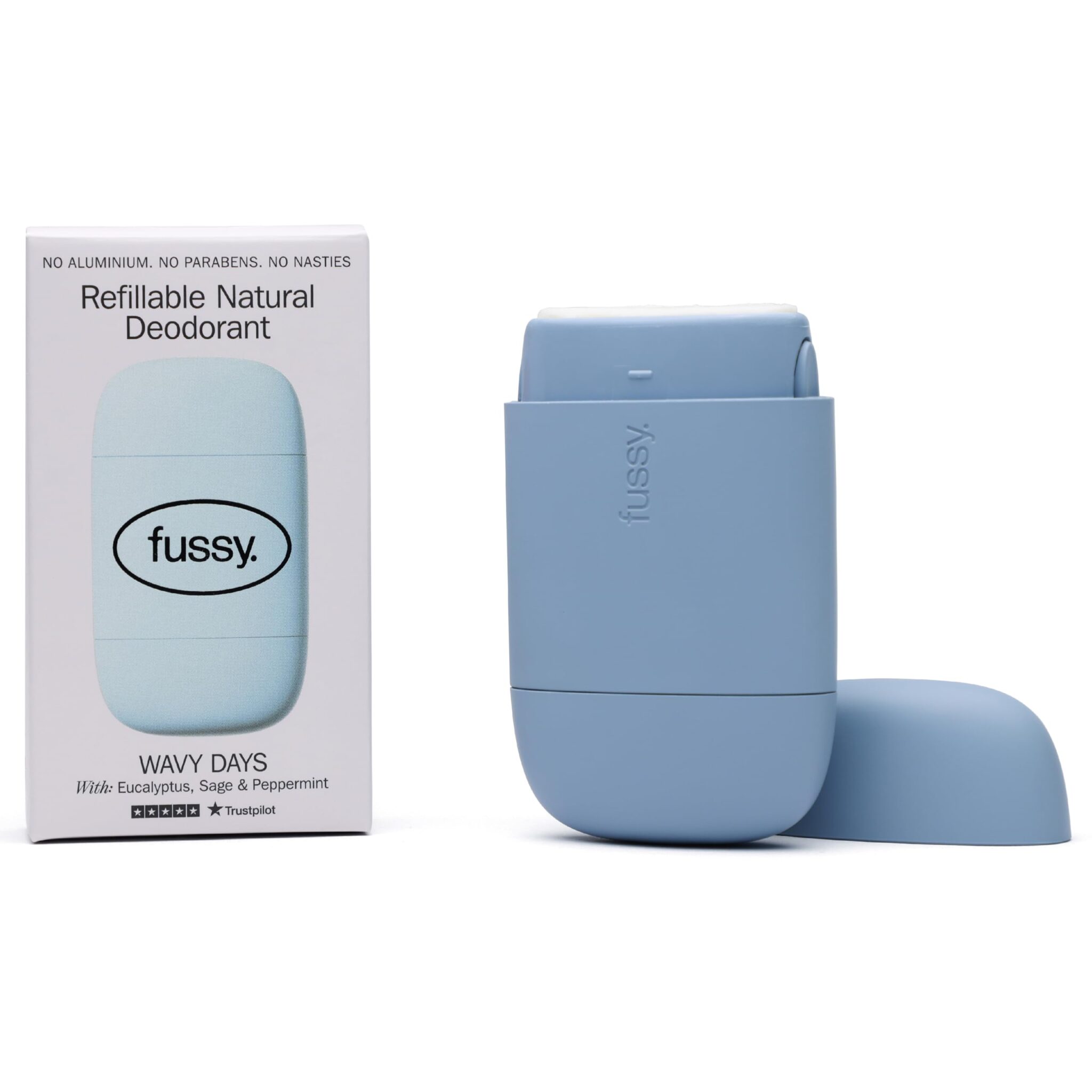 Fussy - Natural Refillable Deodorant - Aluminium Free - 24 Hour Protection - Mint Scent & Ocean Blue Case - Peppermint, Eucalyptus & Sage - Vegan & Cruelty Free - 100% Natural & Effective