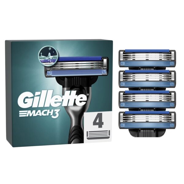 Gillette Mach3 Razor Blades Men, Pack of 4 Razor Blade Refills, Upgraded Lubrastrip for an Enhanced Glide, Fits all Mach3 Handles