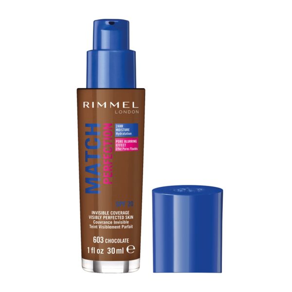 Rimmel Match Perfection Foundation 603 Chocolate, Medium Coverage, 24hr Hydration, No Caking or Creasing, Lightweight, Reduces Imperfections, Invisible Coverage, SPF20, Cruelty Free