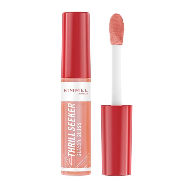 Rimmel Thrillseeker Glassy Gloss 250 Peachy Vibes, Hydrating Shine, Hyaluronic Acid, Anti-Oxidant Complex, Non-Sticky, Big Applicator, Healthy-Looking Lips, Delicious Scent, Vegan, Cruelty Free