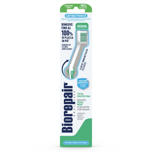 Biorepair , Total Protection Toothbrush, Antibacterial, Clinically Tested, with Medium Bristles, Patented Curved Shape, Inhibits Bacterial Growth by Up to 90%, Removes Up to 100% of Plaque