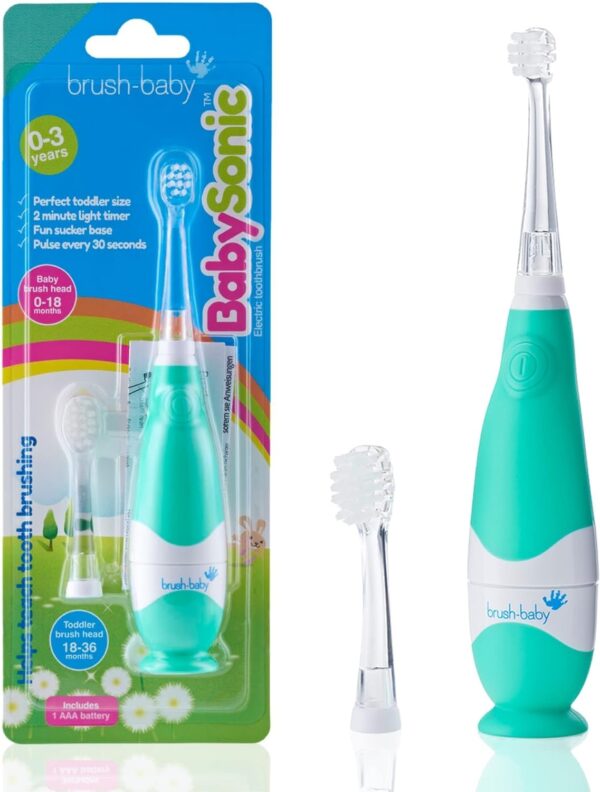 Brush-Baby BabySonic Kids,Toddler Electric Toothbrush, 0-36 Months, LED Light +2-min Timer,Sucker Base, Teal,