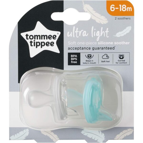 Tommee Tippee Ultra-light Dummies, 6-18 months, 2 pack of one piece silicone, BPA free Dummies