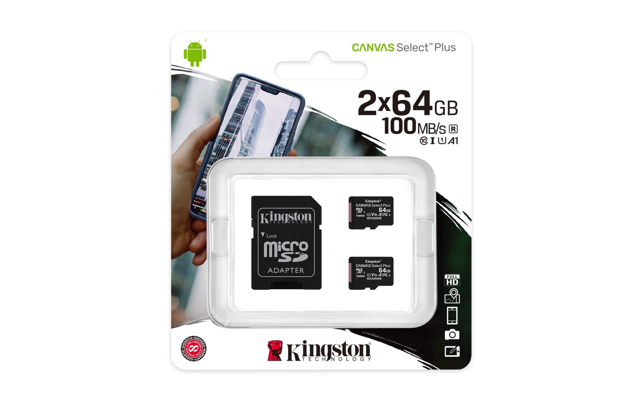 Kingston Canvas Select Plus microSD Card SDCS2/64 GB-2P1A Class 10 (2 x cards, SD Adapter Included)