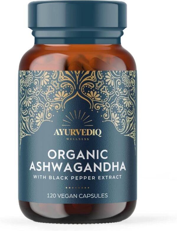 Ayurvediq Wellness Organic Ashwagandha with Black Pepper Extract 650mg, 120 Capsules - Ashwagandha High Strength for Anxiety, Stress Relief for Adults, Better Sleep - Vegan Ayurvedic Products