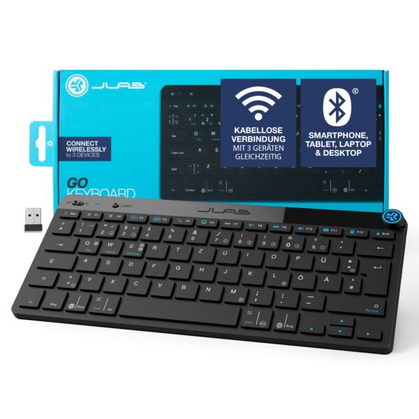 JLab Go Wireless Keyboard - Bluetooth with 2.4 GHz Radio, USB Dongle, Quiet Small, QWERTZ Layout, Multi-Device Mini Wireless Keyboard for PC/Mac/iPad/Tablet/Computer/Laptop