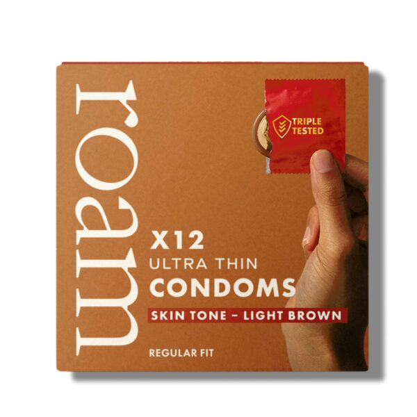 Roam Skin Tone Ultra Thin Condoms, Regular Fit Condom for Safer Sex and Contraception, 100% Vegan and Generously Lubricated for Skin Feel Experience - 12 Pack Light Brown Condoms