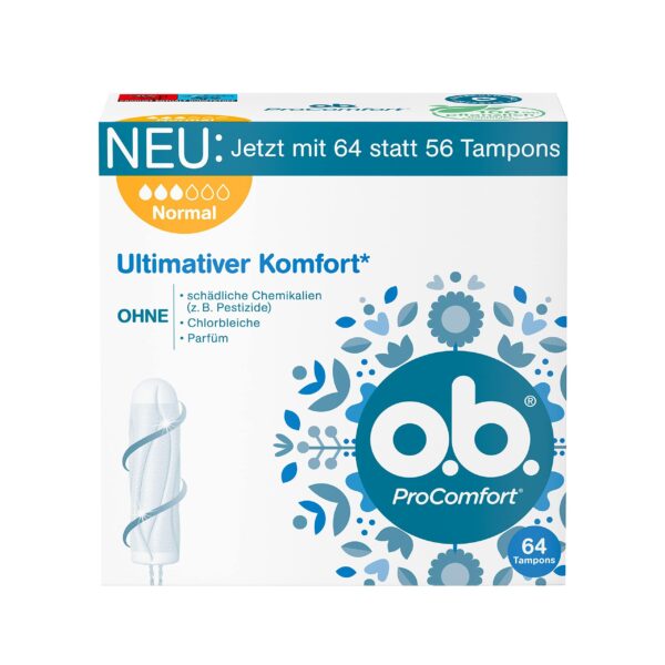 o.b. ProComfort Normal Tampon for Medium to Stronger Days, Ultimate Comfort* and Reliable Protection, Pack of 64