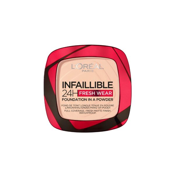 L'Oréal Paris Infallible 24H Fresh Wear Foundation in a Powder, Full-coverage, Longwear, Weightless Smooth Finish, Water-proof and Transfer-proof, 180 Rose Sand