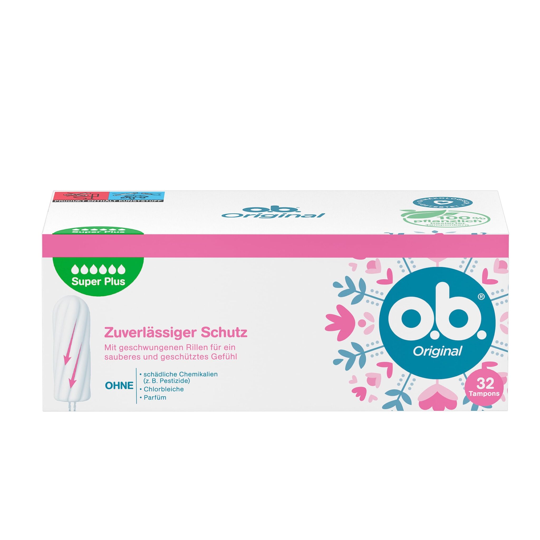 o.b. Original Super Plus (Pack of 32) Tampons for Very Strong Days, StayDry Technology & Curved Grooves, Reliable Protection and a Clean Feel During The Period