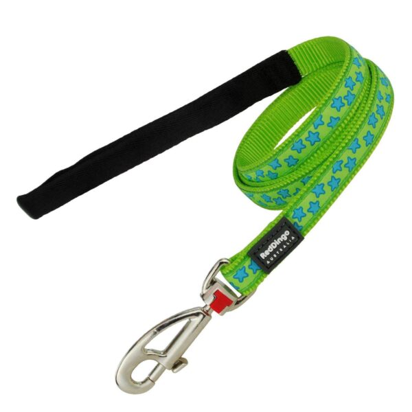 Red Dingo Dog Lead 1.2m Design, Stars Turquoise on Lime Green, Size Medium (20mm x 1.2m)