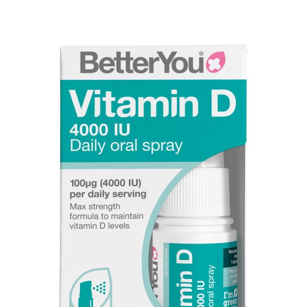 BetterYou Vitamin D 4000 IU Daily Oral Spray, Pill-free Maximum Strength Vitamin D3 Supplement, 3-month Supply, Made in the UK, Natural Peppermint Flavour