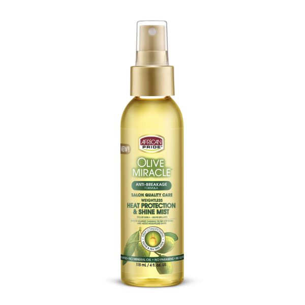 African Pride Olive Miracle Weightless Heat Protection & Hair Shine Mist, Fights Humidity & Shields Against Heat Damage, Enriched with Olive & Tea Tree Oils, 4 oz