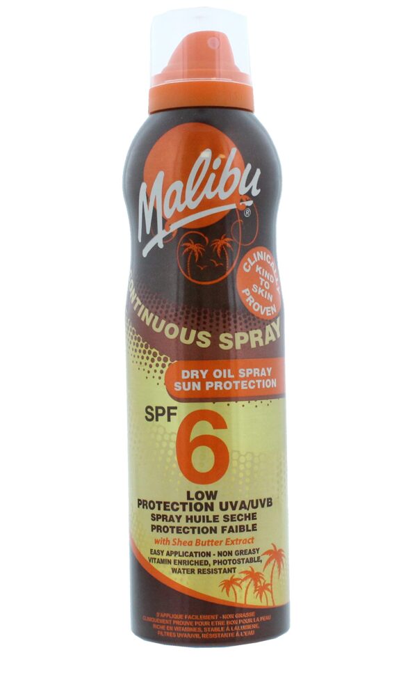 Malibu Sun SPF 6 Continuous Dry Oil Spray for Tanning with Shea Butter Extract, Low Protection, Water Resistant, 175ml