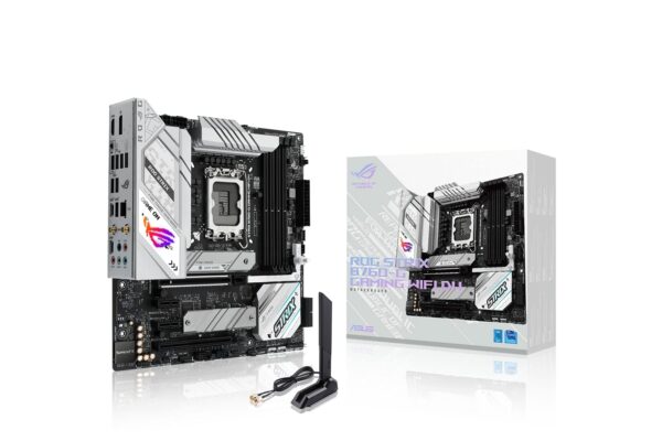 ASUS ROG STRIX B760-G GAMING WIFI D4 Intel® B760 LGA 1700 mATX motherboard, PCIe 5.0 x16 SafeSlot, 2 x PCIe 4.0 M.2 slots, WiFi 6E, 2.5G Ethernet, USB 3.2 Gen 2x2 Type-C®, Aura Sync RGB, White