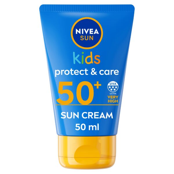 NIVEA SUN Kids Protect and Care SPF 50+ To Go Lotion (50ml), Water-Resistant Sunscreen, Kid's Sun Cream Provides Highly Effective UVB and 5 Star UVA Protection