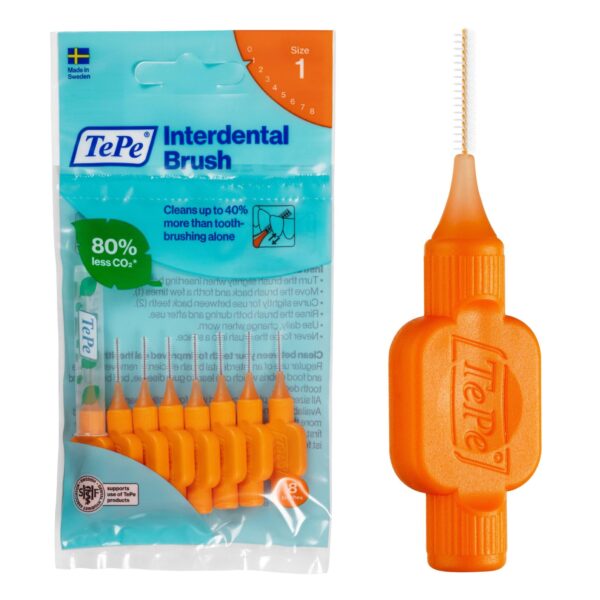 TePe Interdental Brush, Original, Orange, 0.45mm/ISO 1, 8pcs, Teeth Cleaning Plaque Removal, efficient Clean Between Teeth, for Narrow Gaps