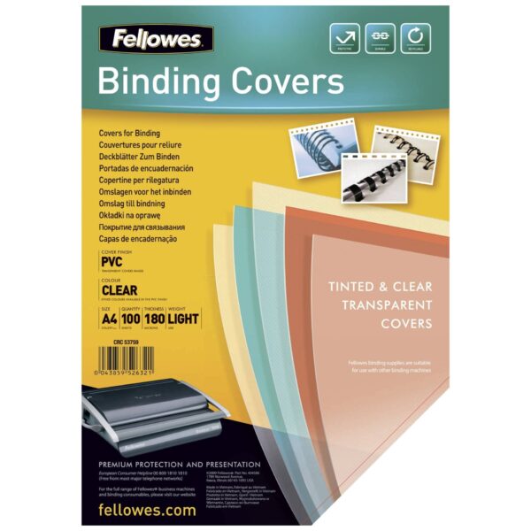 Fellowes A4 Binding Cover - 180 Microns PVC Binding Covers - Pack of 100 Binding Covers - Transparent