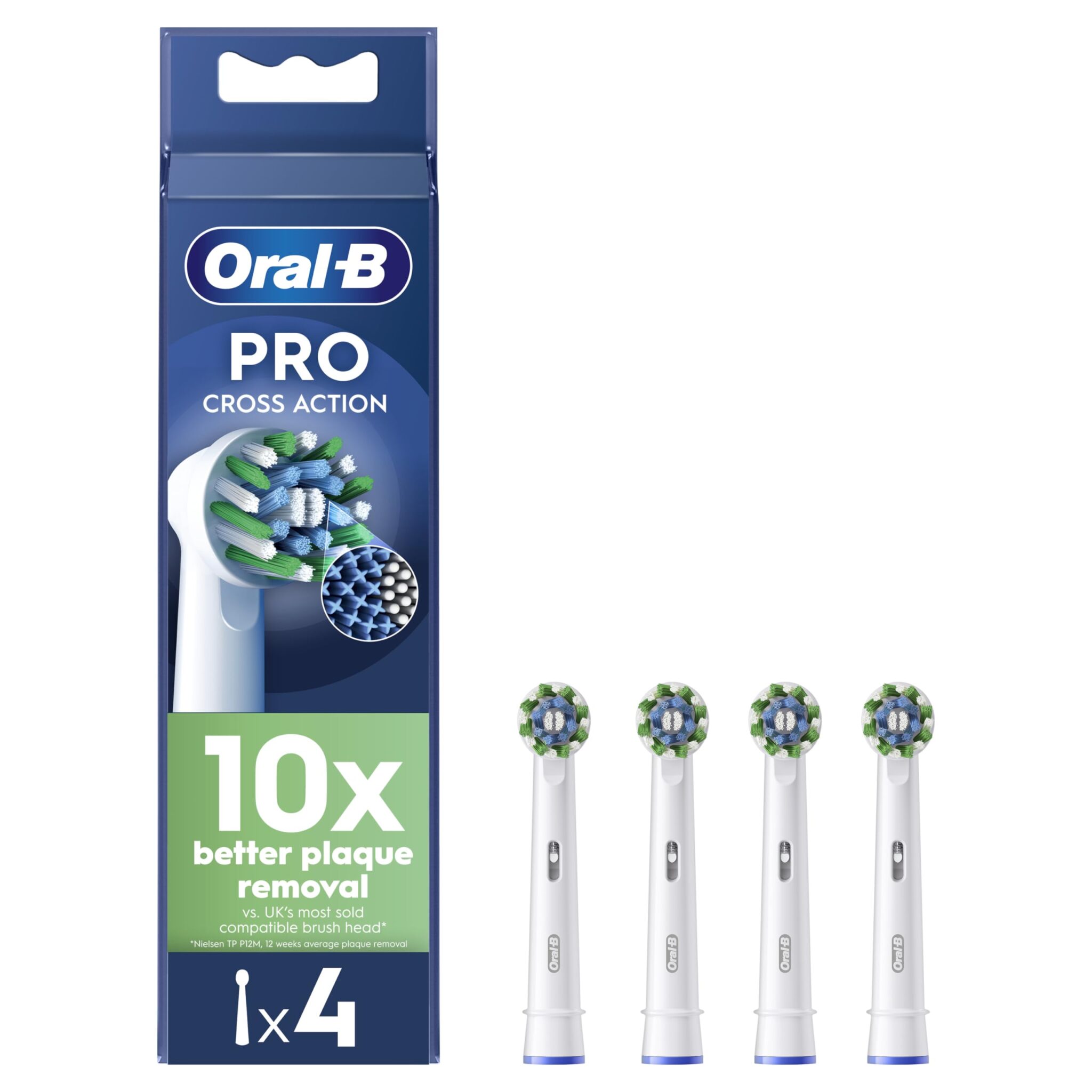 Oral-B Pro Cross Action Electric Toothbrush Head, X-Shape and Angled Bristles for Deeper Plaque Removal, Pack of 4 Toothbrush Heads, White