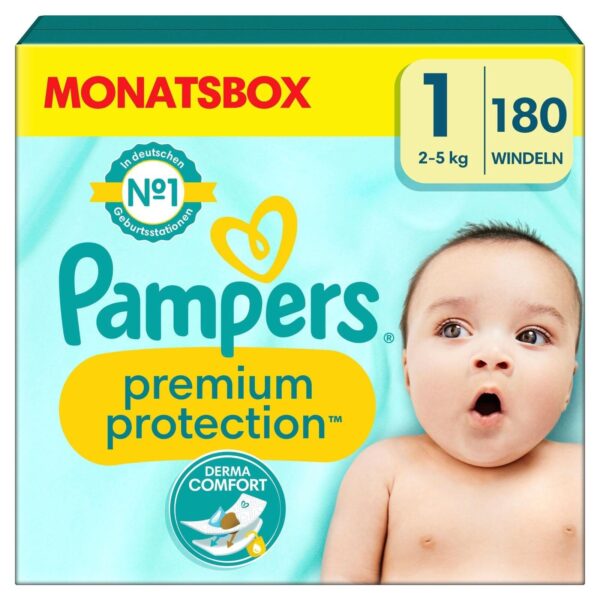 Pampers Baby Nappies Size 1 (2-5 kg) Premium Protection, Newborn, Half Month Box, Best Comfort and Protection for Sensitive Skin, Pack of 180