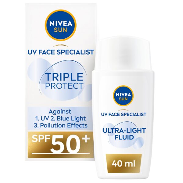 NIVEA SUN Triple Protect Light Sun Fluid SPF50+ (40ml), Face Sun Cream SPF50 with Hyaluron, Protects Against UV, Blue Light and Pollution, Daily Face Sunscreen