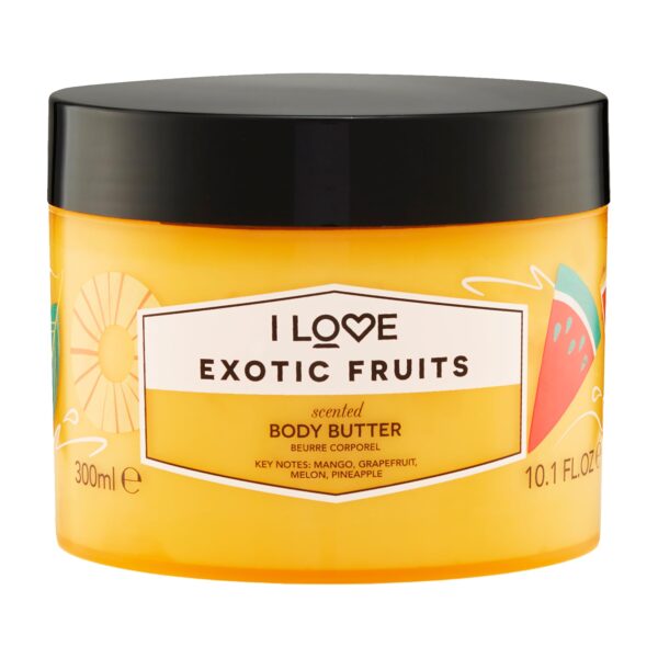 I Love Exotic Fruits Scented Body Butter, Packed With Shea Butter & Coconut Oil to Regenerate & Nourish the Skin, 85% Naturally Derived Ingredients, VeganFriendly 330ml